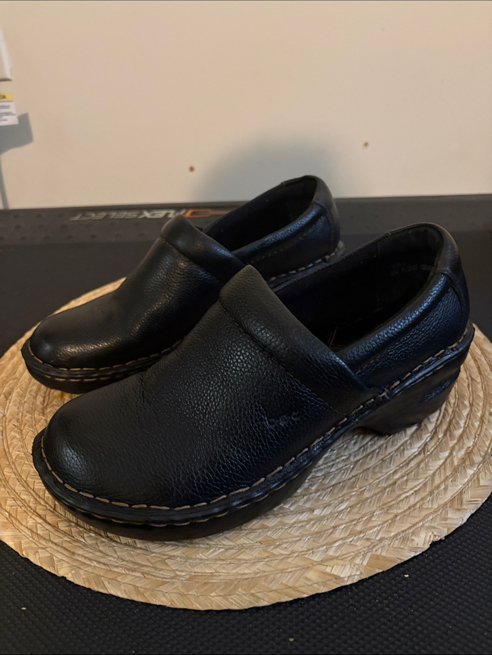 boc Black Leather Slip-On Clogs with Contrast Stitching